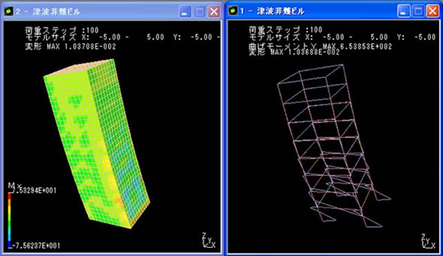 TDAPIIIによる津波避難ビル計算例(左から変形+応力コンター図、変形+断面力図)